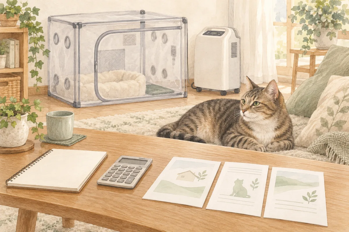 猫と未使用の酸素ケージ、料金比較の資料を描いたAI生成のイメージイラスト