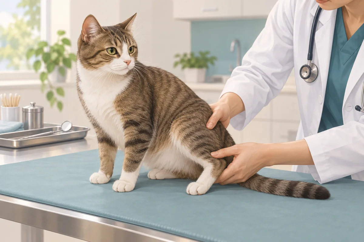 猫の後ろ足を診察する獣医師とPADS研究を表すAI生成イラスト