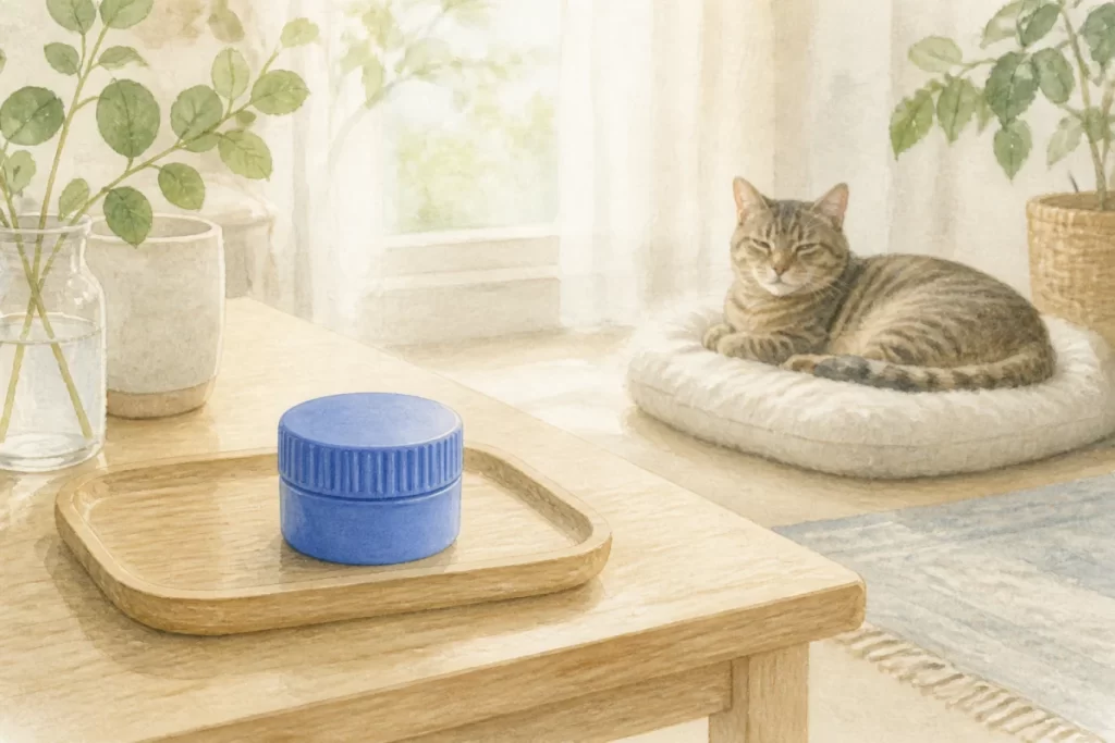 閉じた青い錠剤クラッシャーをイメージした道具と、離れた場所でくつろぐ高齢猫の水彩風イラスト