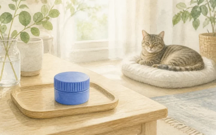 閉じた青い錠剤クラッシャーをイメージした道具と、離れた場所でくつろぐ高齢猫の水彩風イラスト
