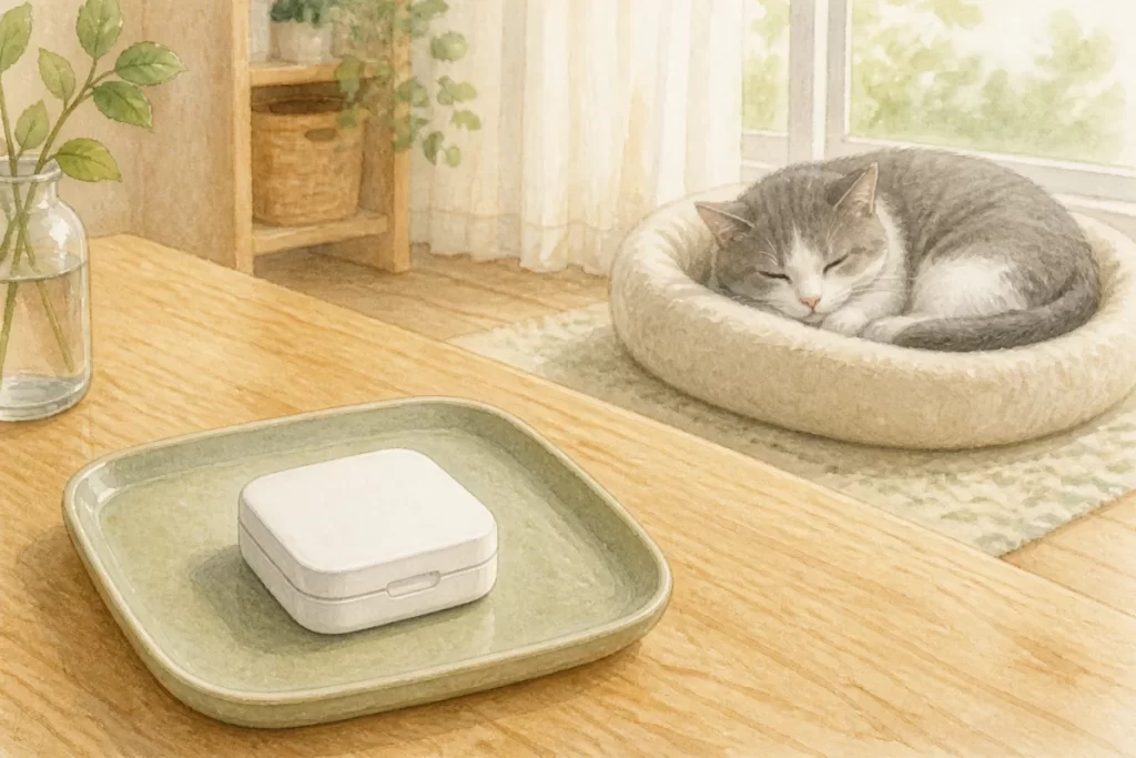 閉じた白いピルカッターをイメージした道具と、離れたベッドで眠る高齢猫の水彩風イラスト