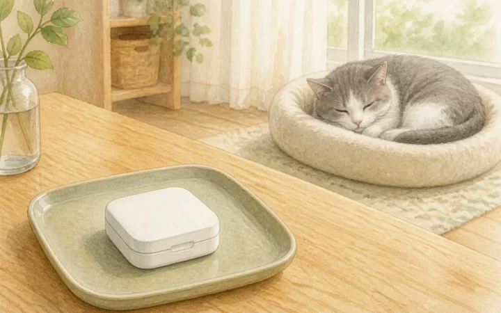 閉じた白いピルカッターをイメージした道具と、離れたベッドで眠る高齢猫の水彩風イラスト