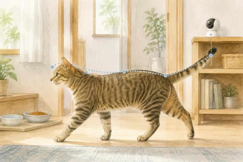室内の通路を横向きに歩く猫を小型カメラで記録する水彩風イラスト