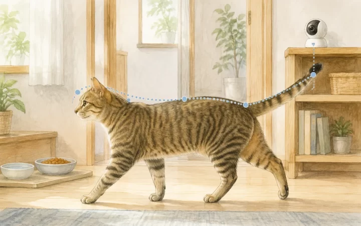 室内の通路を横向きに歩く猫を小型カメラで記録する水彩風イラスト