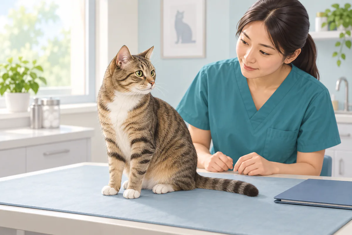猫の肉腫手術後の経過観察について獣医師へ相談する場面を描いたAI生成イラスト