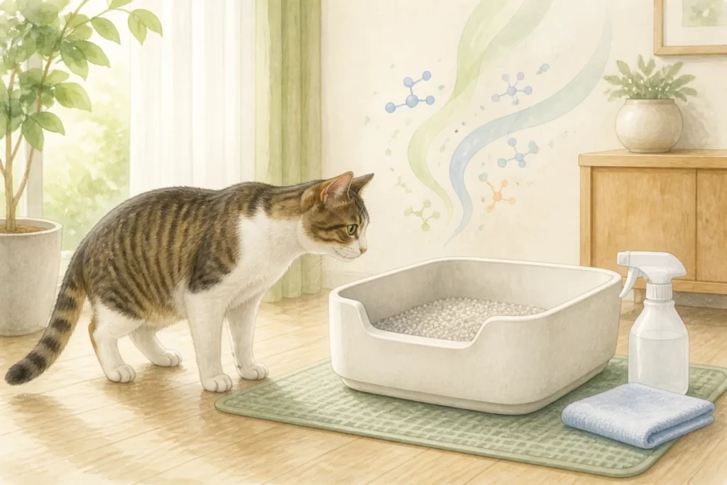 猫がトイレのそばでにおいを確認し、無地の消臭スプレーと布を置いた水彩風イラスト