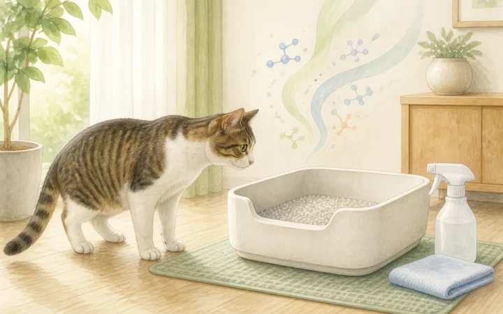 猫がトイレのそばでにおいを確認し、無地の消臭スプレーと布を置いた水彩風イラスト