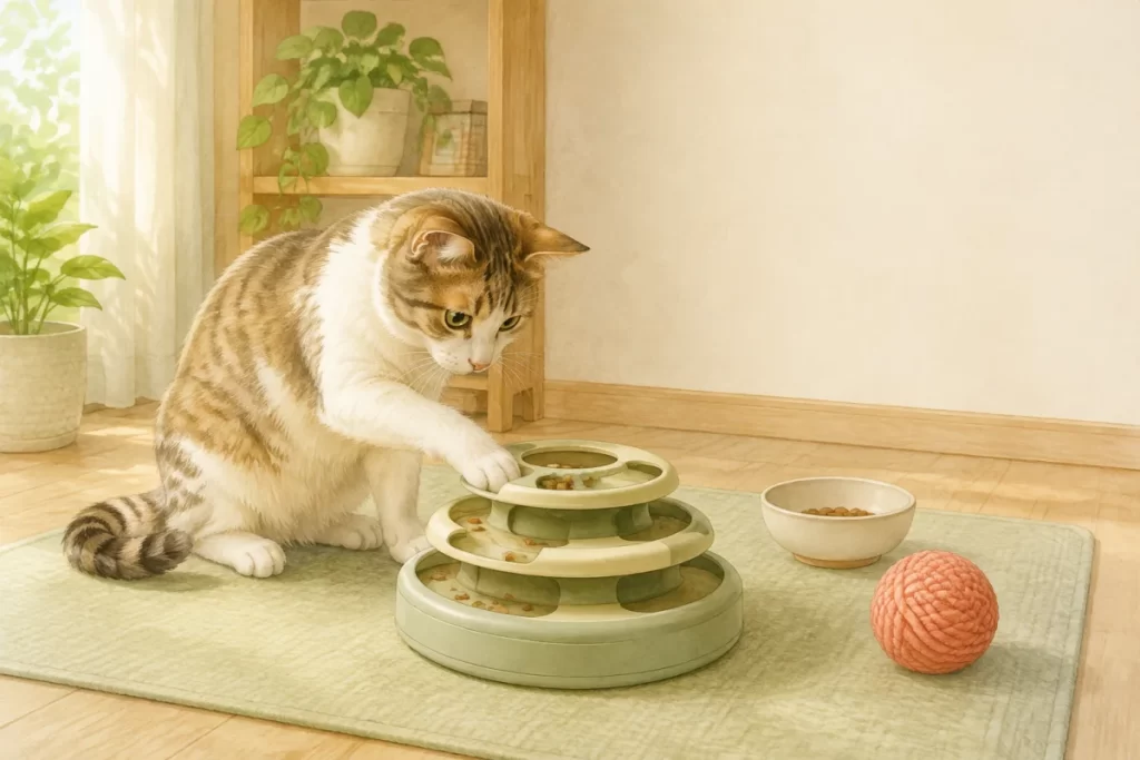 猫が汎用的な3層フードパズルを前足で操作し、普通の器とボール玩具も置いたAI生成イラスト