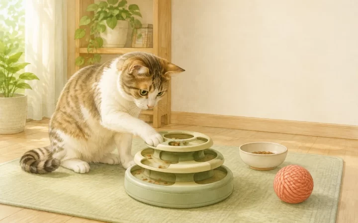 猫が汎用的な3層フードパズルを前足で操作し、普通の器とボール玩具も置いたAI生成イラスト