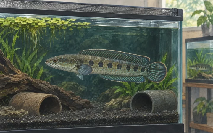 固定した網蓋と隠れ家のある水槽を泳ぐスチュワートスネークヘッドのAI生成イラスト