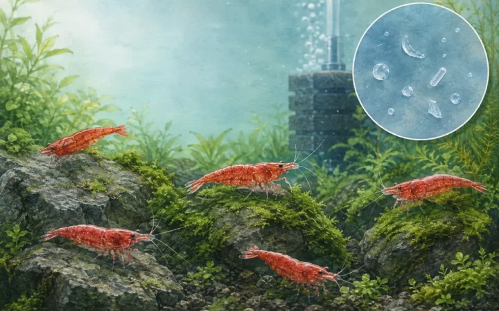 水草水槽の石と苔の上にいる5匹のチェリーシュリンプと微小粒子の拡大図を描いたAI生成イラスト