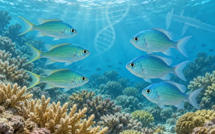 サンゴ礁で体型の異なる青緑色のスズメダイ2群とDNA・計測器のモチーフを描いたAI生成イラスト
