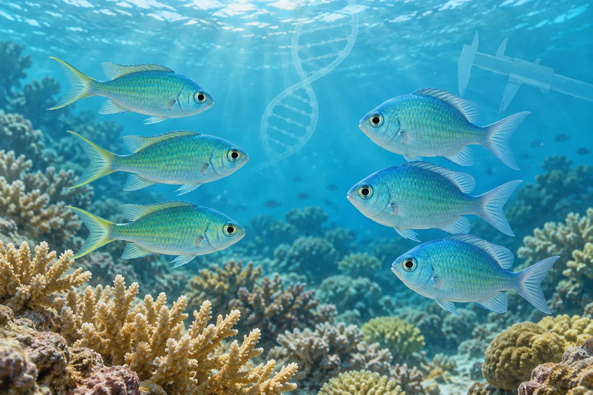 サンゴ礁で体型の異なる青緑色のスズメダイ2群とDNA・計測器のモチーフを描いたAI生成イラスト