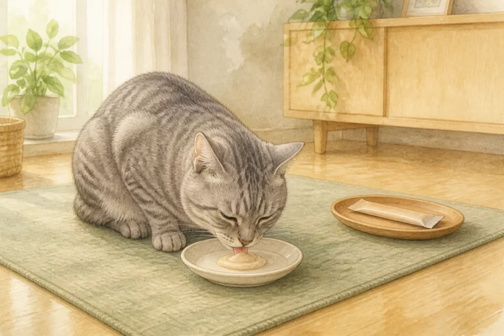 小皿に出したクリーム状のおやつを自分でなめる高齢猫の水彩風イメージイラスト