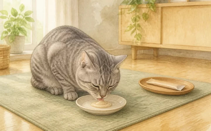 小皿に出したクリーム状のおやつを自分でなめる高齢猫の水彩風イメージイラスト