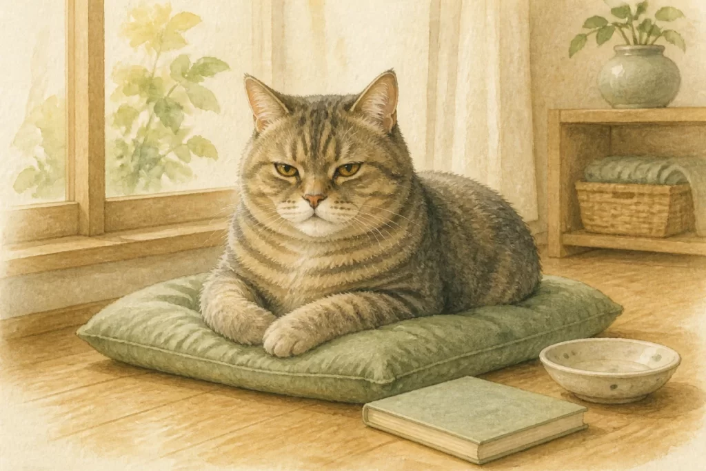 家族の絵本が置かれた窓辺で、穏やかに過ごすおじいちゃん猫の水彩風イメージイラスト