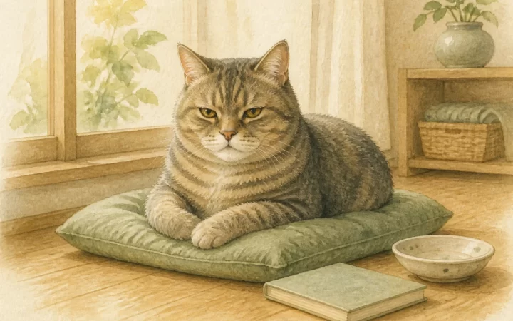 家族の絵本が置かれた窓辺で、穏やかに過ごすおじいちゃん猫の水彩風イメージイラスト