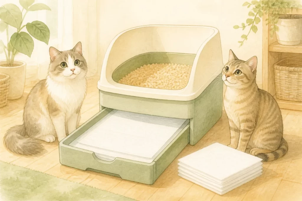 猫2匹と、白い吸収シートを敷いたシステムトイレの水彩風イラスト