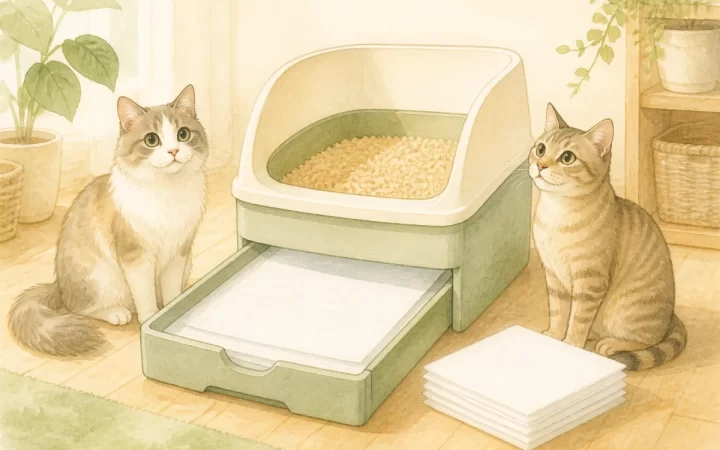 猫2匹と、白い吸収シートを敷いたシステムトイレの水彩風イラスト