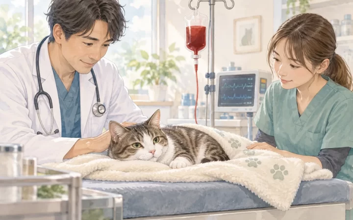動物病院で赤血球輸血を受けながら獣医療スタッフに見守られる猫のAI生成イラスト