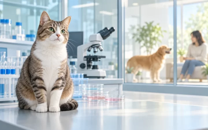 猫白血病ウイルスの培養細胞研究と犬・人への解釈を表したAI生成イラスト