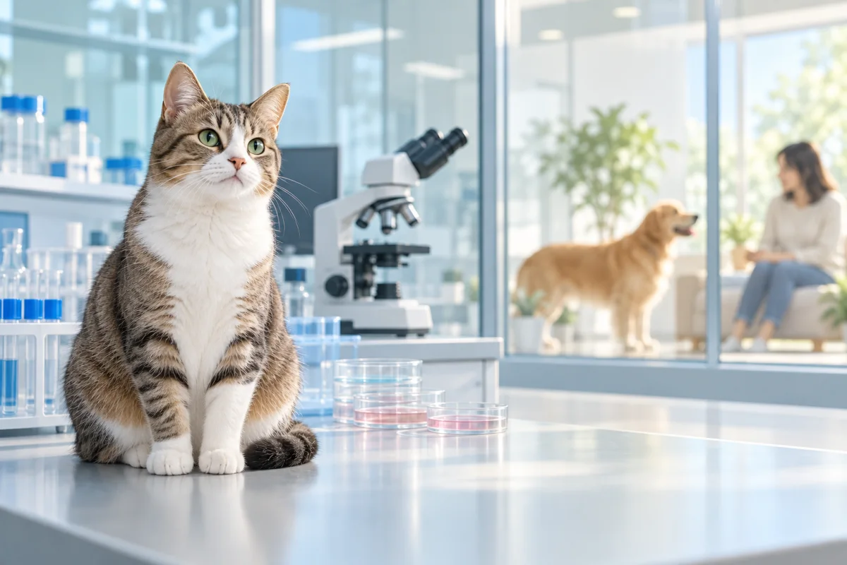 猫白血病ウイルスの培養細胞研究と犬・人への解釈を表したAI生成イラスト