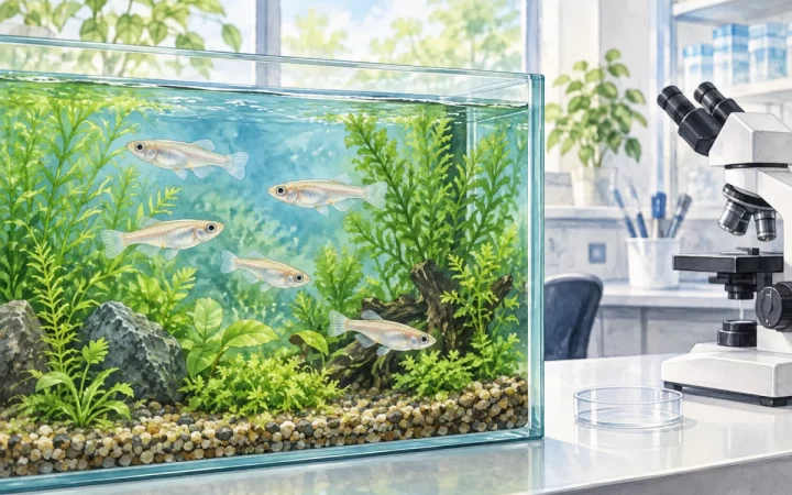 水草水槽を泳ぐ5匹のメダカと乾いた実験台の顕微鏡を描いた研究イメージ