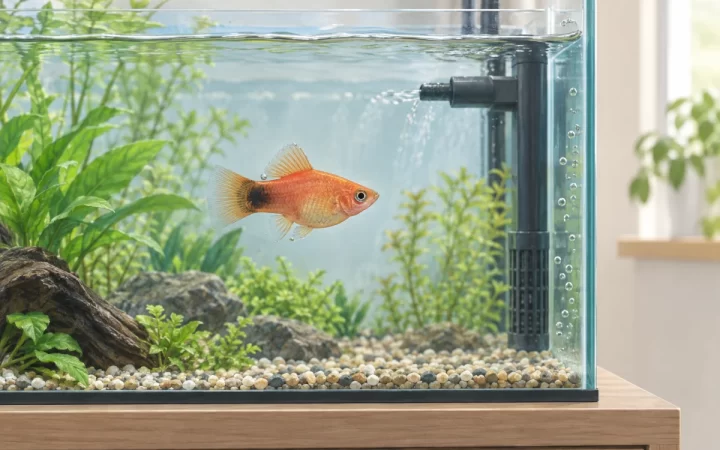 淡水魚のひれ付近と水槽ガラスに小さな気泡が見えるAI生成イラスト