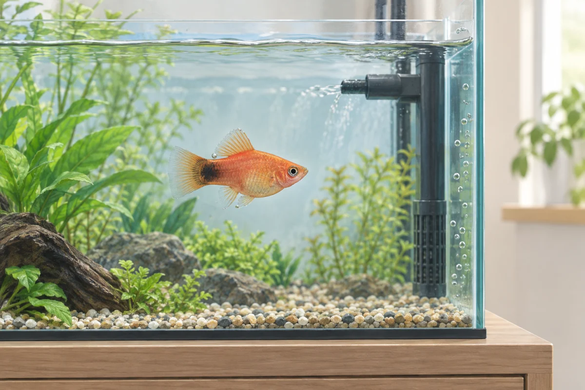 淡水魚のひれ付近と水槽ガラスに小さな気泡が見えるAI生成イラスト