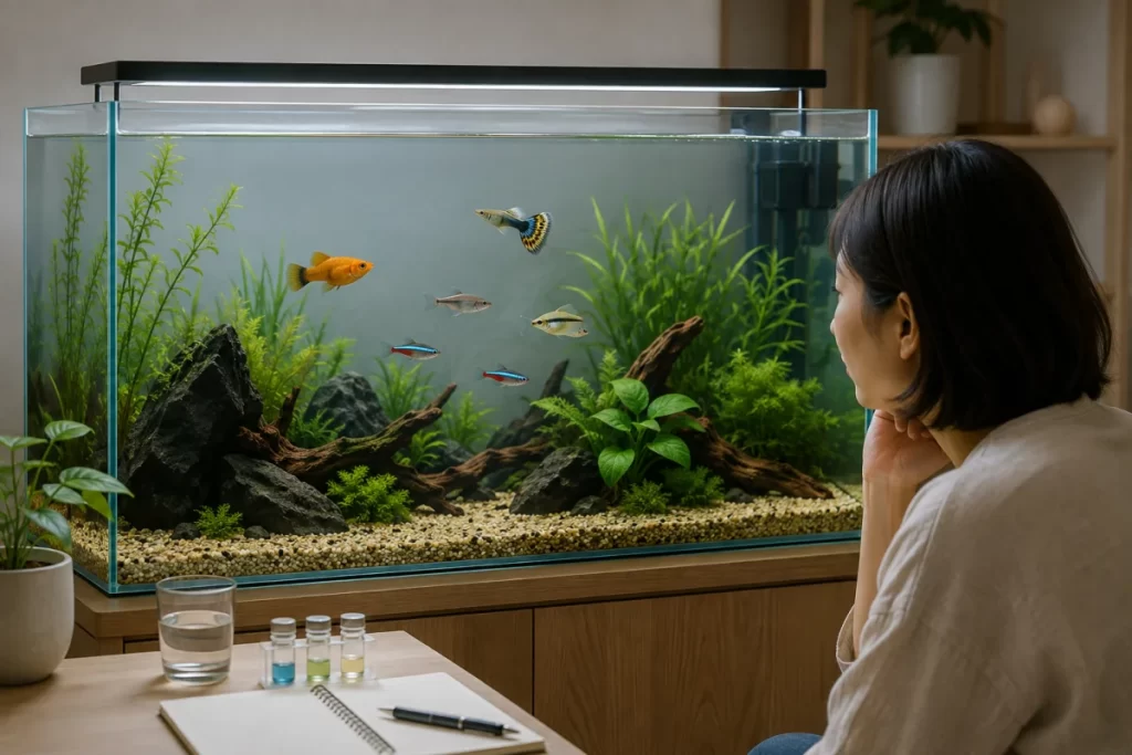 家庭の淡水水槽で魚の様子をノートと水質試薬で観察するAI生成イラスト