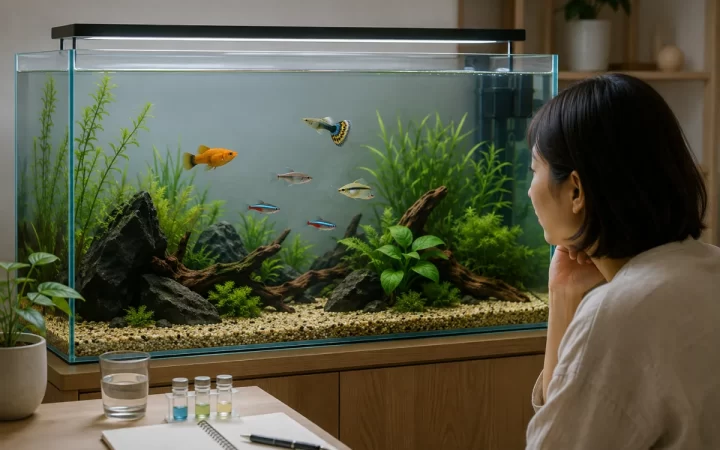 家庭の淡水水槽で魚の様子をノートと水質試薬で観察するAI生成イラスト