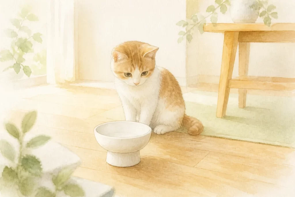 脚付きの白い猫用食器と猫を描いた水彩風のイメージイラスト