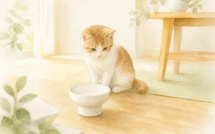 脚付きの白い猫用食器と猫を描いた水彩風のイメージイラスト
