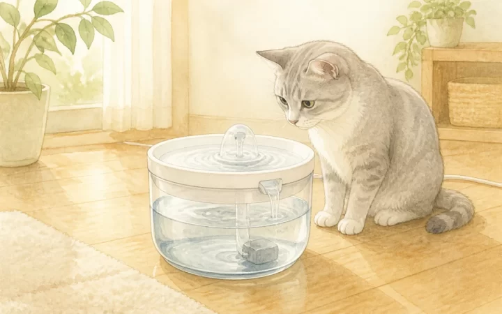 丸い循環式給水器と猫を描いた水彩風のイメージイラスト