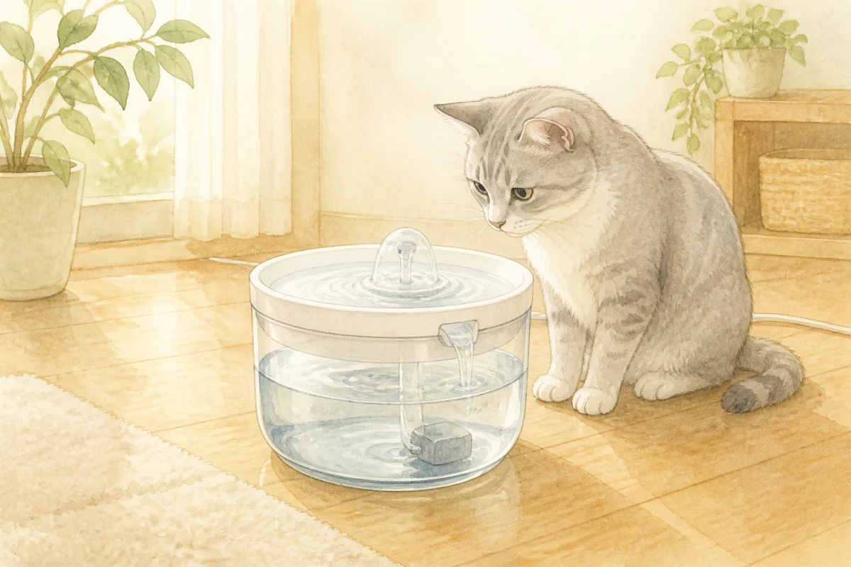 丸い循環式給水器と猫を描いた水彩風のイメージイラスト