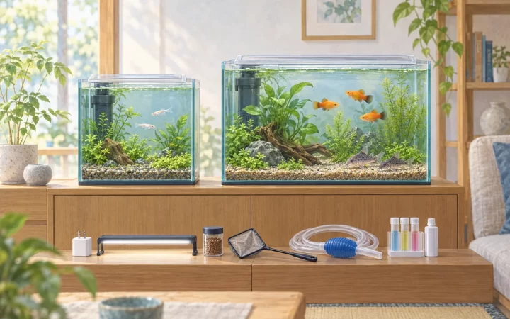30cm級と50cm級の水槽、照明・USBアダプター・掃除用品を比較配置したAI生成イラスト