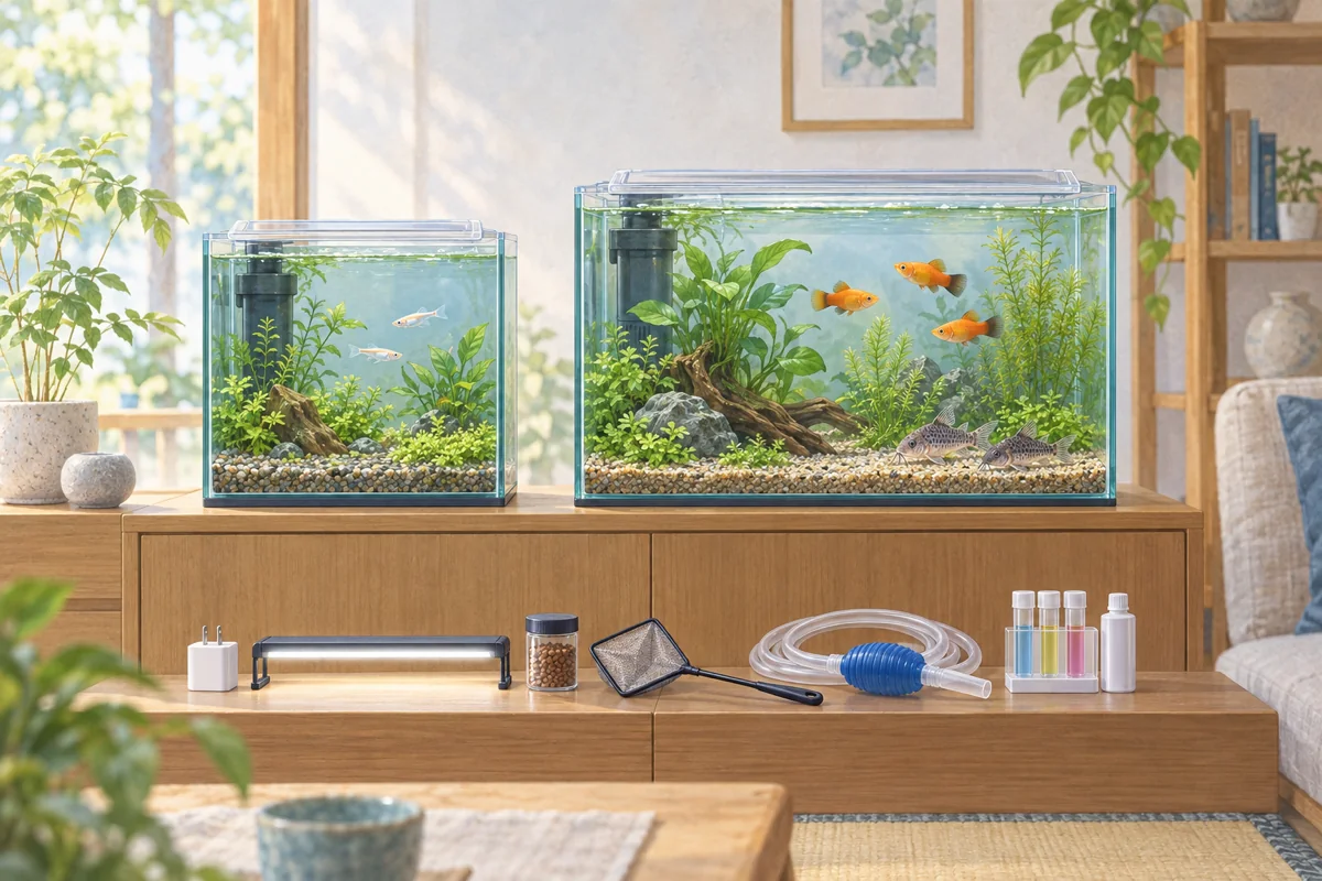 30cm級と50cm級の水槽、照明・USBアダプター・掃除用品を比較配置したAI生成イラスト