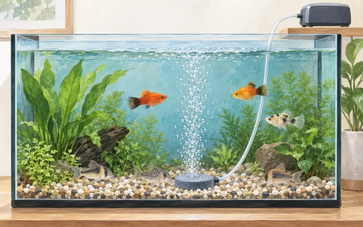 淡水水槽の底に円盤型エアーストーンを水平に置き小型魚へ細かな泡を送るAI生成イラスト