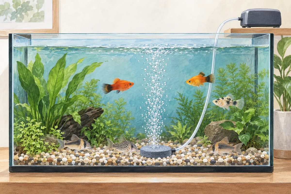 淡水水槽の底に円盤型エアーストーンを水平に置き小型魚へ細かな泡を送るAI生成イラスト