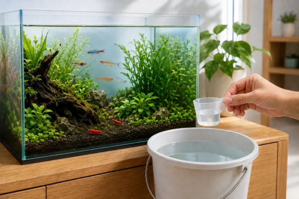 淡水水槽の横で交換水に入れる水質調整剤を計量する様子のAI生成イラスト