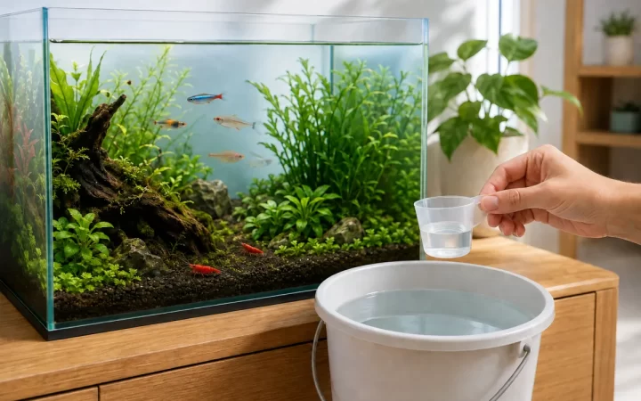 淡水水槽の横で交換水に入れる水質調整剤を計量する様子のAI生成イラスト