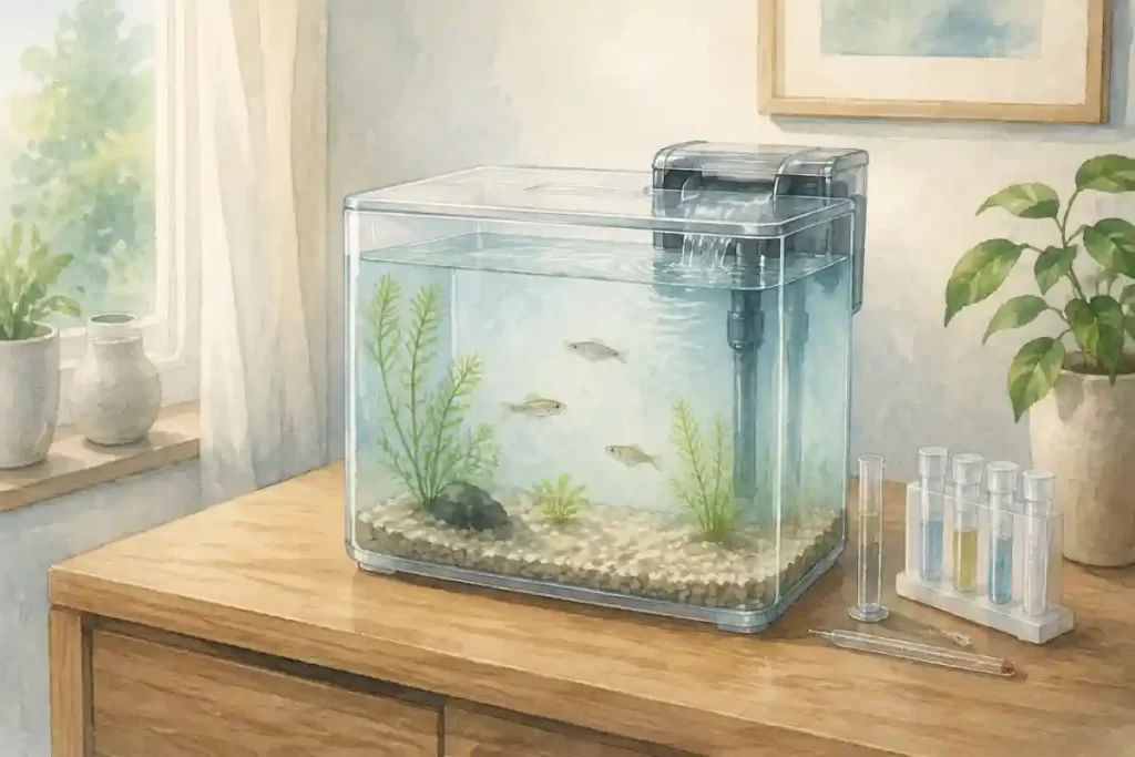 外掛け式フィルターを備えた小型水槽で3匹のメダカを飼育し水質検査用品を置いた水彩風イラスト