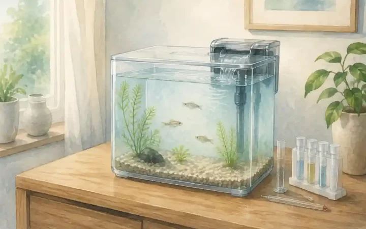 外掛け式フィルターを備えた小型水槽で3匹のメダカを飼育し水質検査用品を置いた水彩風イラスト