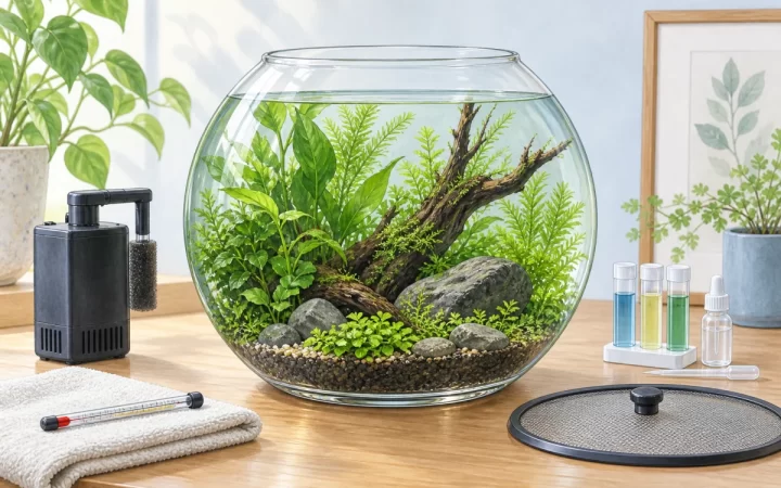 水草をレイアウトした丸形ガラス容器とフィルター・水質検査用品・ふたを描くAI生成イラスト