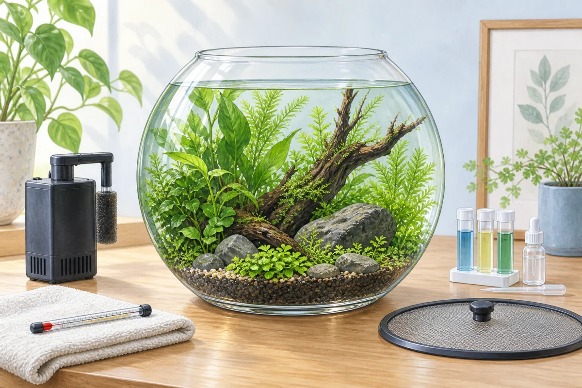 水草をレイアウトした丸形ガラス容器とフィルター・水質検査用品・ふたを描くAI生成イラスト