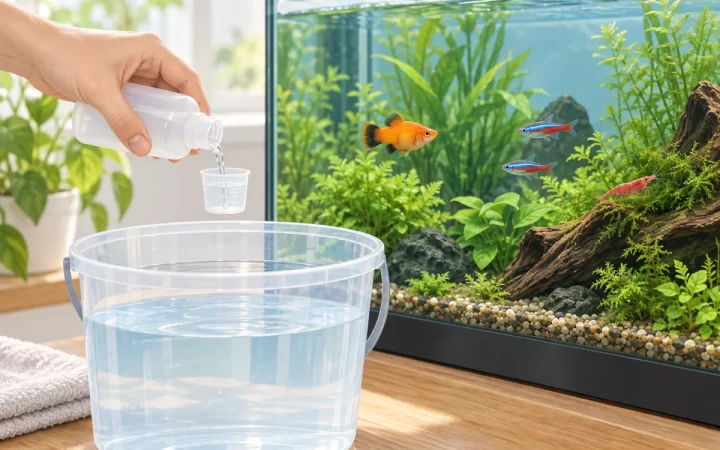カルキを抜いた水へケア用品を計量する手と熱帯魚・エビの水草水槽を描いたAI生成イラスト