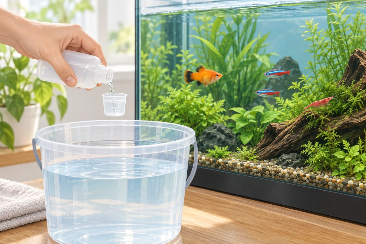 カルキを抜いた水へケア用品を計量する手と熱帯魚・エビの水草水槽を描いたAI生成イラスト