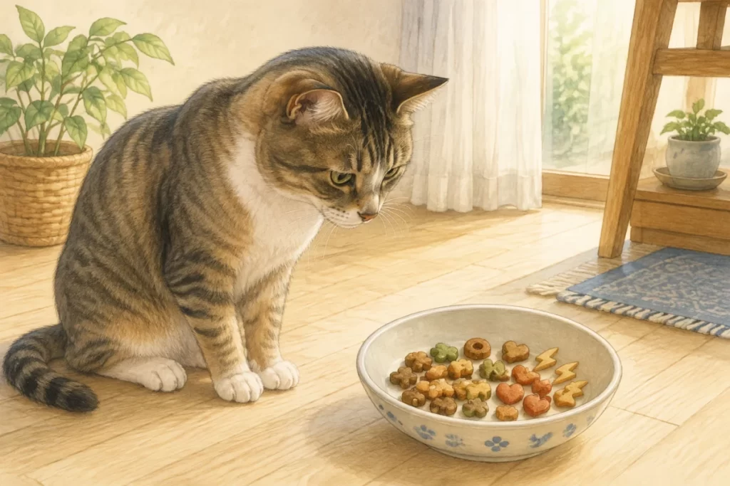 明るい室内で形の異なるドライフードを見つめる猫の水彩風イラスト