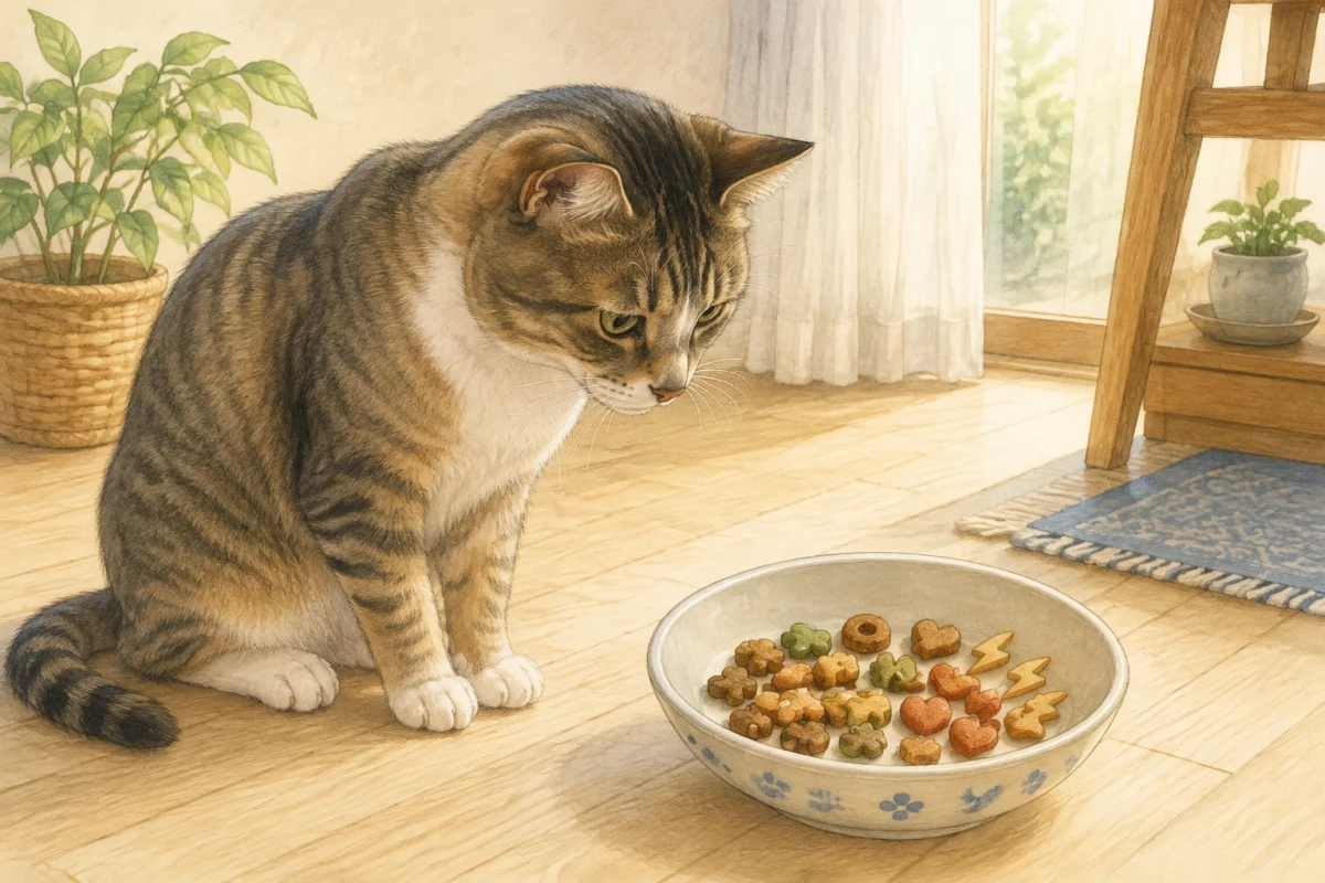 明るい室内で形の異なるドライフードを見つめる猫の水彩風イラスト