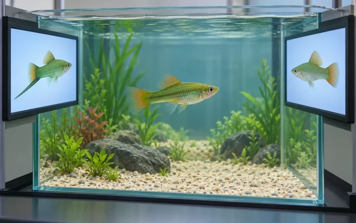 水槽中央のグリーンソードテールと両側の仮想魚画面を描いたAI生成イラスト